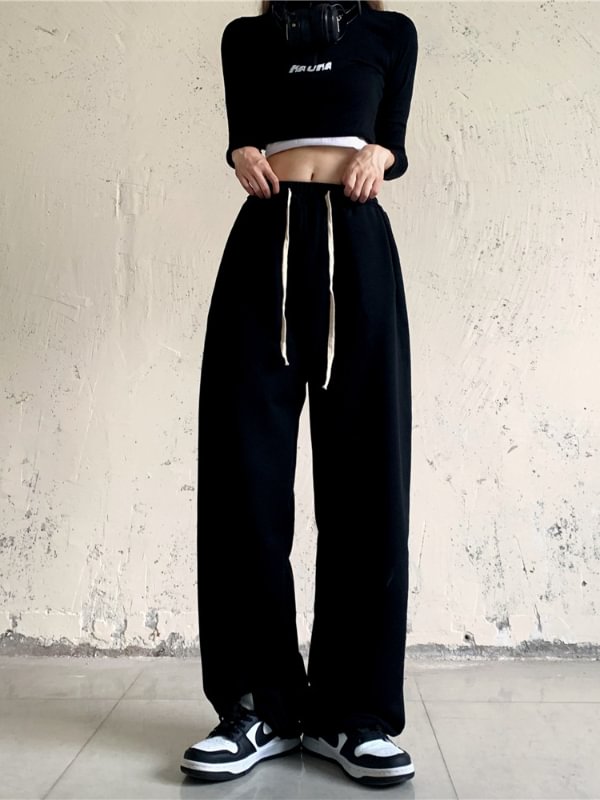 Solid Color Casual Elastic Waist Drawstring Straight Pants