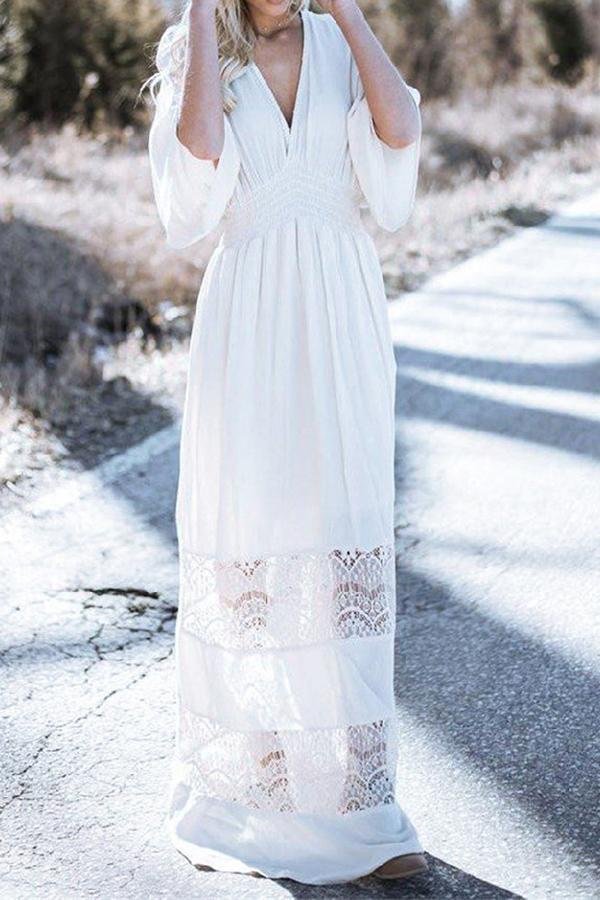 Womens Bohemian White Lace Beach Elegant Long Dress-Allyzone-Allyzone