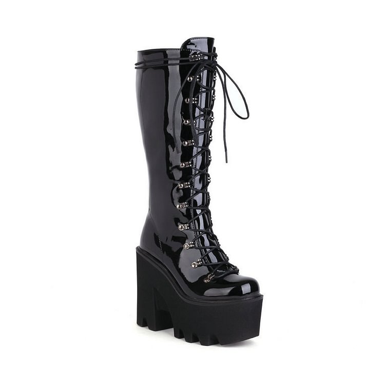 Street Fashion Solid Color Lace Up Platform Boots