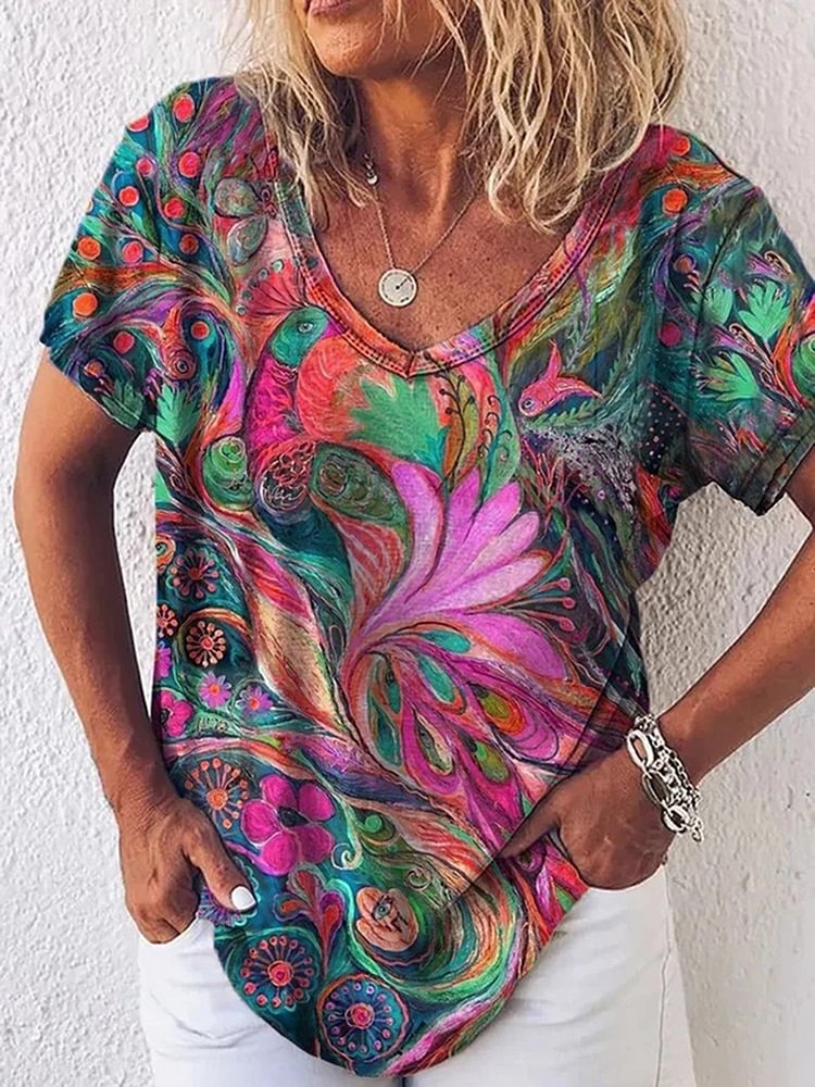 Women  summer ladies tops printed v-neck short-sleeved t-shirt
