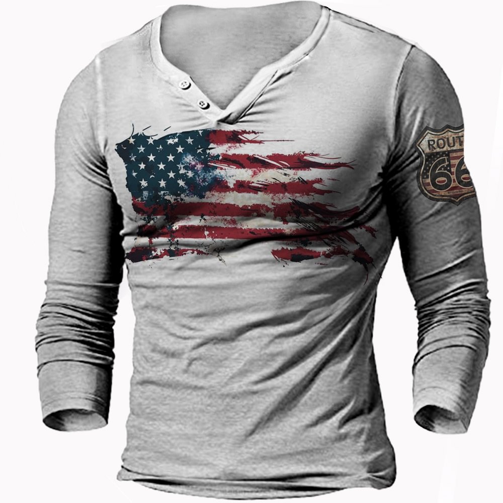 Men's outdoor flag 66 road print long-sleeved T-shirt / [viawink] /