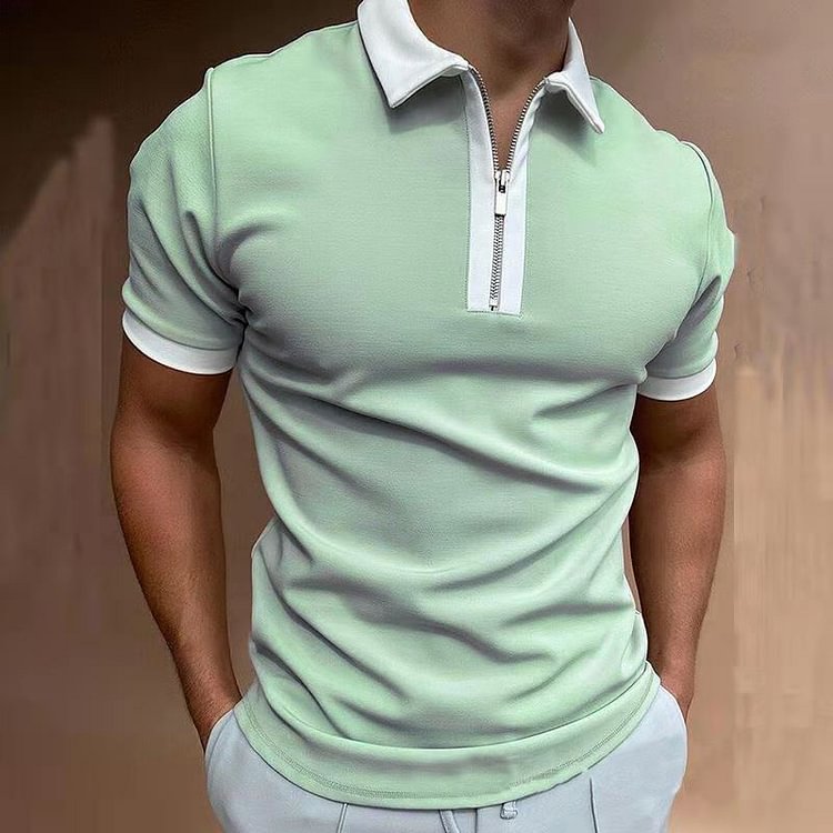 BrosWear Men's Classic Casual Zipper Colorblock Short Sleeve POLO Shirt green