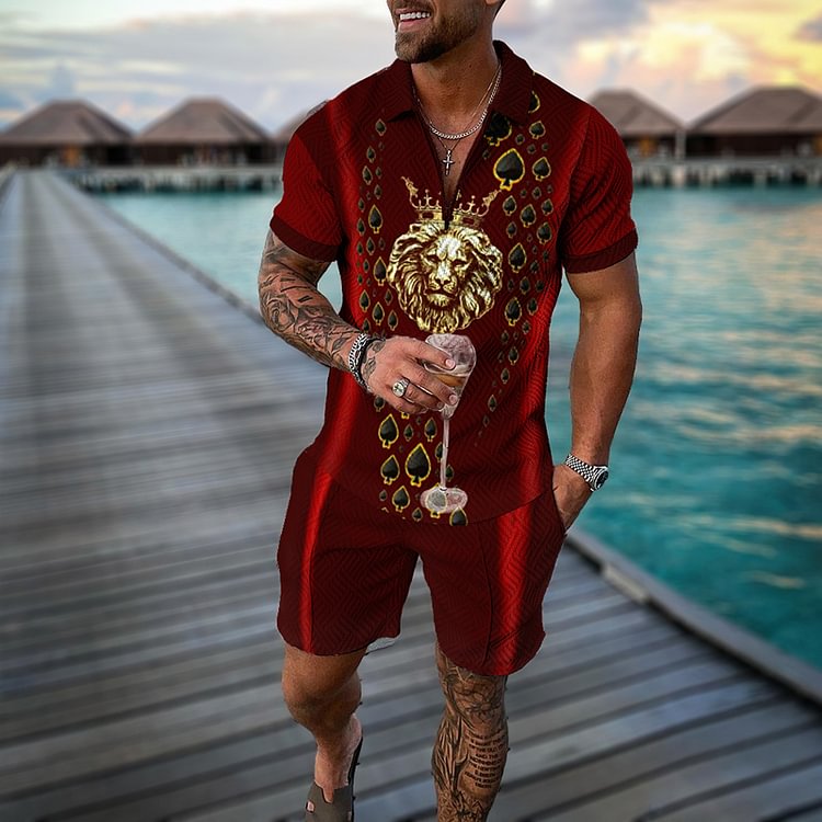 BrosWear Luxury Fashion Red Lion Polo Shirt And Shorts Two Piece Set