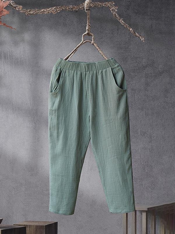 Double Pockets Elastic Waist Cozy Harem Pants Crop Pants-Mayoulove