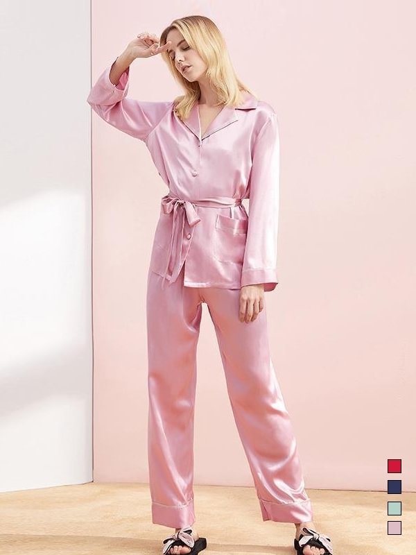 22 Momme High-Quality Sweet Long Silk Pajamas Set Pink