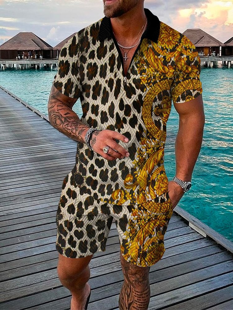 Men's Seaside Texture Leopard Print Polo Suit