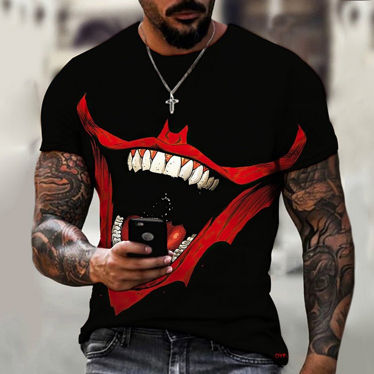 Evil Mouth Grin Print Casual Loose Men's Black T-Shirts