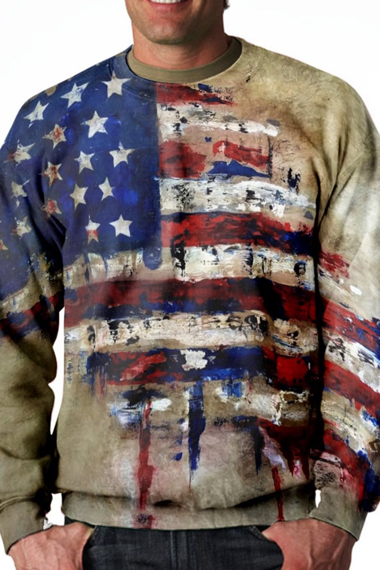 Tiboyz Crew Neck Vintage Distressed Flag Sweatshirt