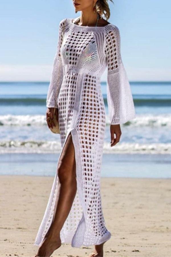 Women Boho Urban Knitted Flared Sleeve Beach Skirt Hollow Slits Smock-Allyzone-Allyzone