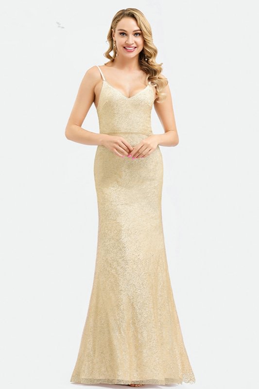 Sexy Gold Sequins SPaghetti-Straps Mermaid Long Prom Dress