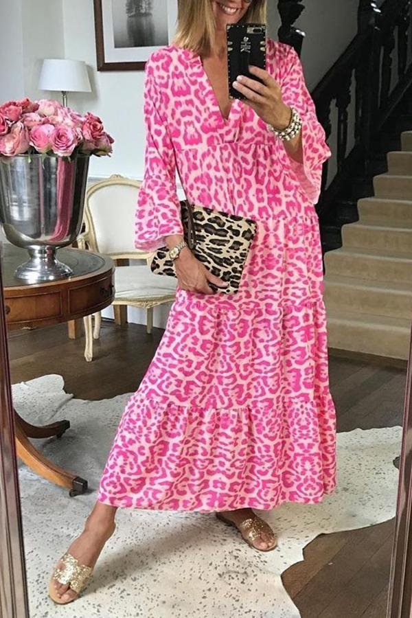 Womens Leopard Print V-neck Loose Dress-Allyzone-Allyzone