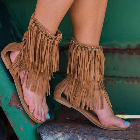 Women‘s  Tassel T-strap Flip Flops Boho Summer Bohemia Tassels Casual Summer Shoes Slipper Beach Sandals