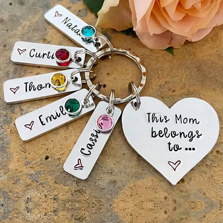 Personalized Keychain With Engraved 5 Names and 5 Birthstone Crystals - Mother's Day Gift