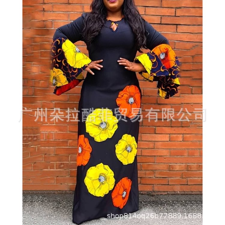 New Spring And Summer Women's Slim Fitting Long Sleeve Stitching Printed Trumpet Sleeve Long Skirt Dress