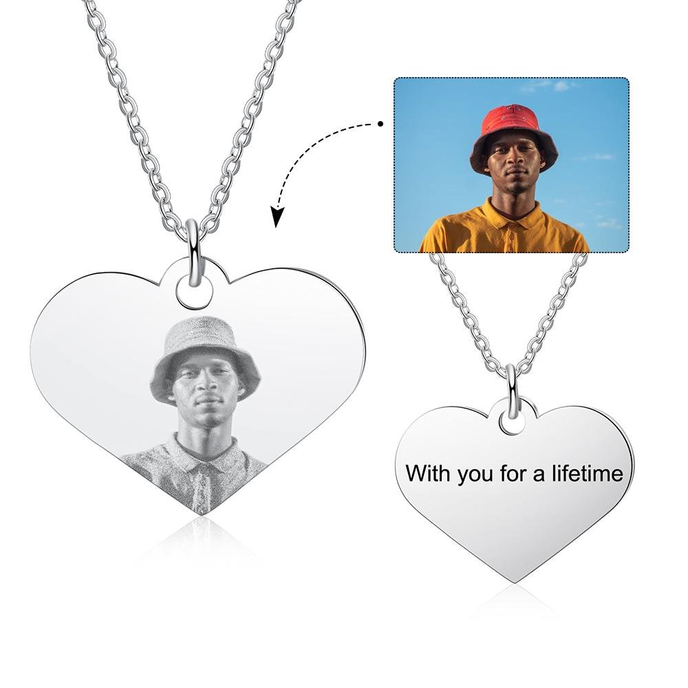 Personalized Picture Necklace Heart Pendant With Engraving, Custom Necklace with Picture and Text