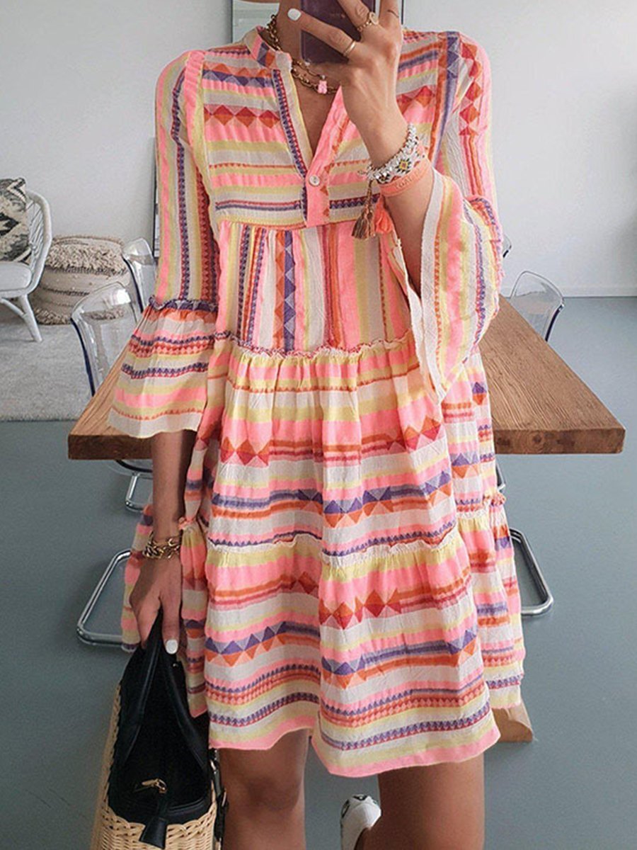 Striped Print Flare Sleeve Mini Dress P15585