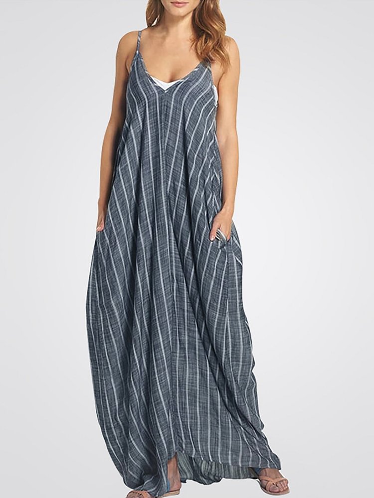 Women's Cotton and Linen Striped Sling V-neck Sleeveless Pocket Dress-Mayoulove