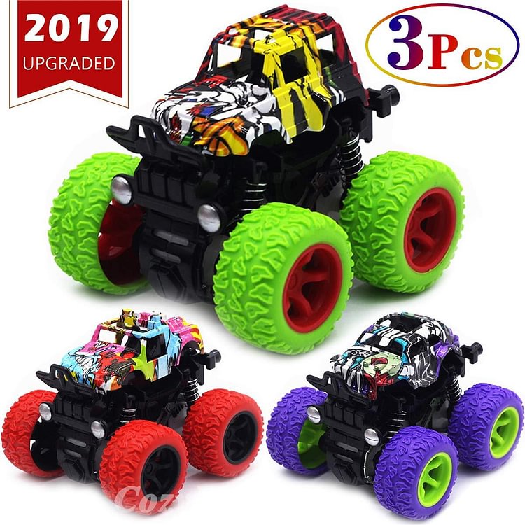 CozyBomB Friction Powered Monster Trucks Toys for Boys - Push and Go Car Vehicles Truck Playset, Inertia Vehicle, Kids Birthday Christmas Party Supplies Gift 3 Years Old (Purple, Red, Green)-Mayoulove