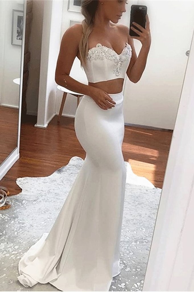 Luluslly Two Pieces White Mermaid Prom Dress With Appliques