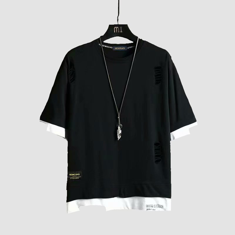 Hip-hop hole round neck fake two T-shirts / Techwear Club / Techwear