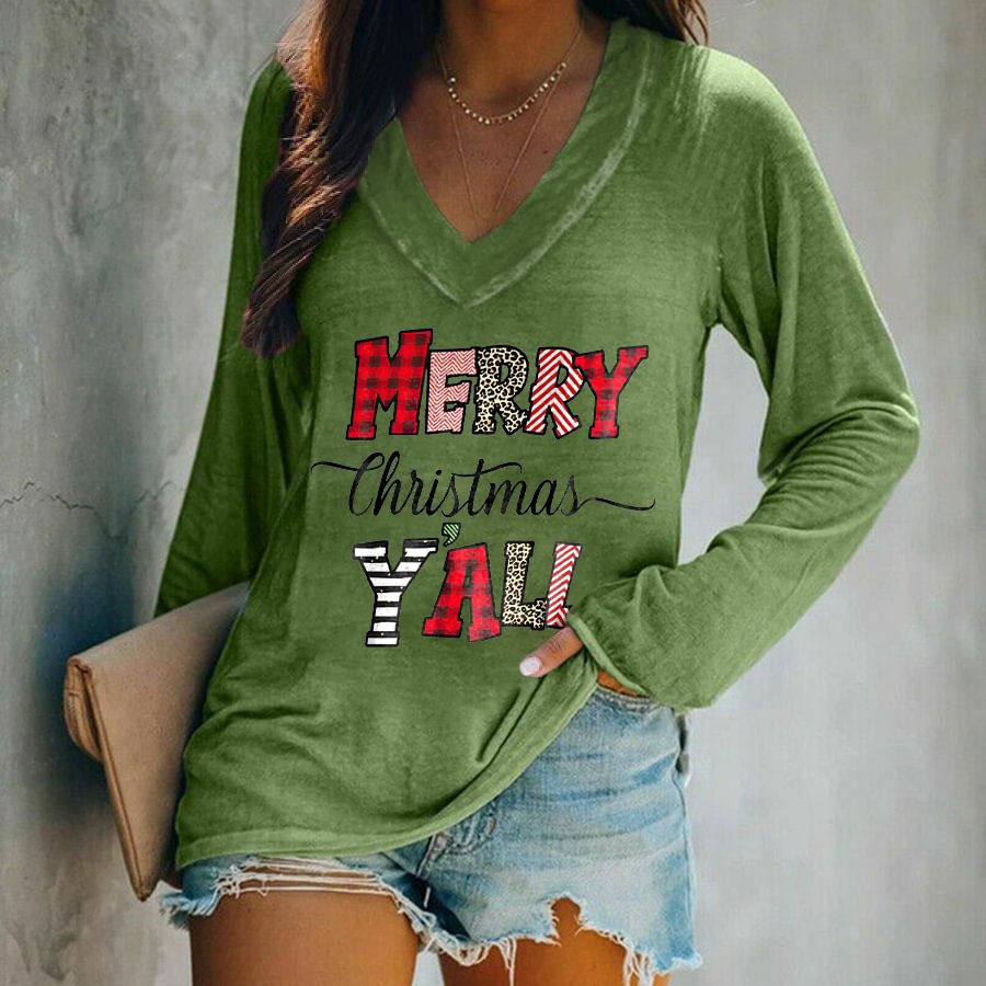 Merry Christmas Y'all Printed Long Sleeves T-shirt