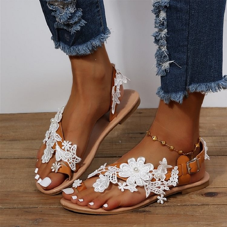 Women's Boho Flower Clip Toe Flat Beach Sandals Wedding Shoes