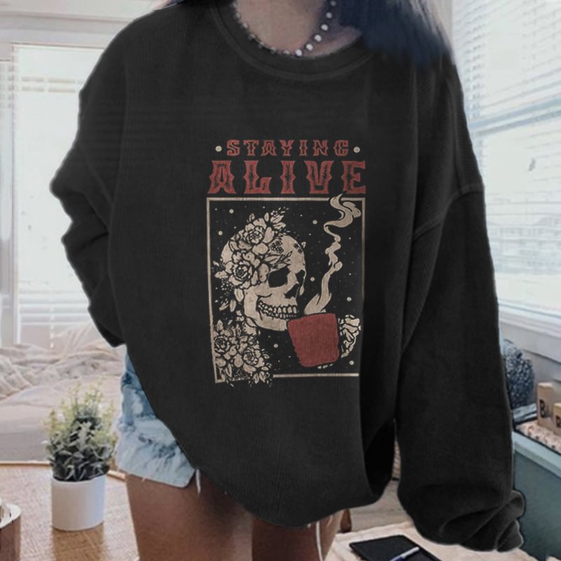 Minnieskull Staying Alive Flower Headdress Skull Drinks Coffee Sweatshirt - Minnieskull