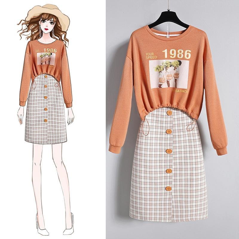 Fashion Print Sweatshirt+Plaid Skirt P11653