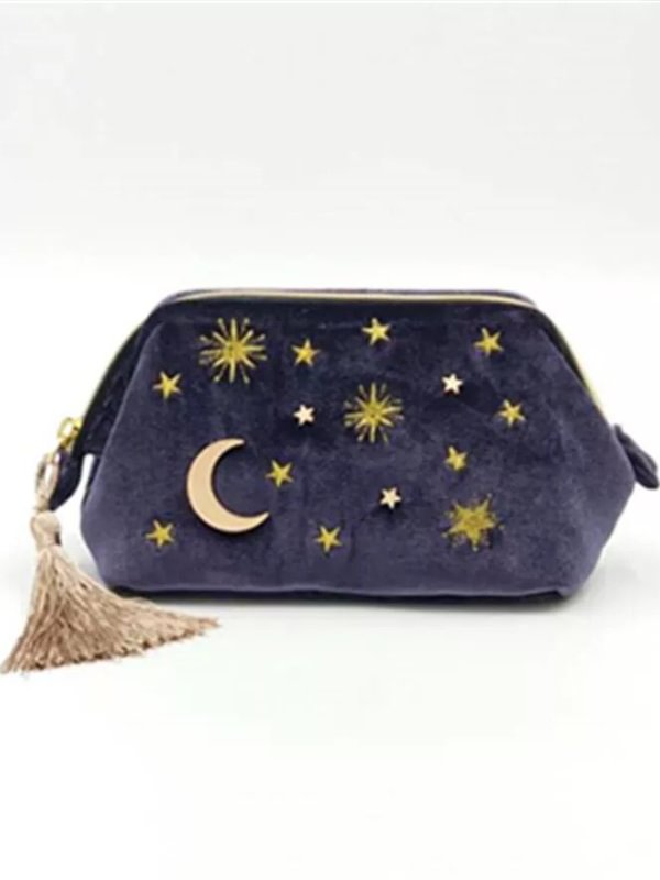 Chic Cute Velvet Star Moon Embroidered Fringed Handbag