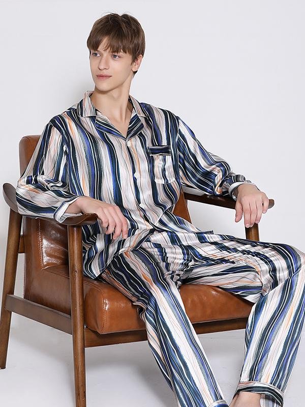 Luxury Long Sleeves Chic Stripes Men's Silk Pajamas