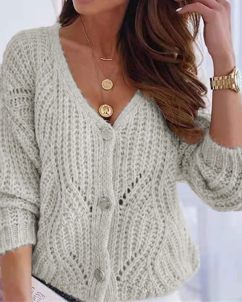 Long Sleeve Knit Buttoned Hollow Out Cardigan-Corachic