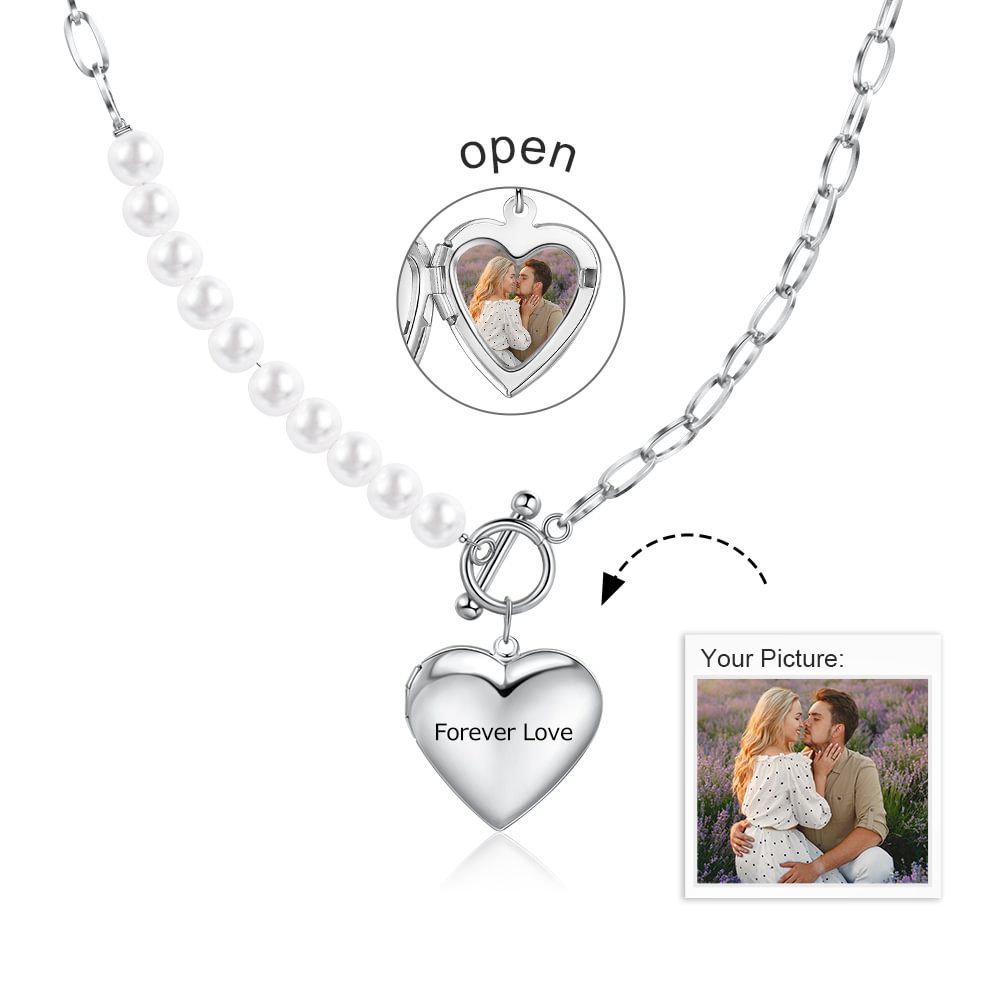 Personalized Heart Shaped Picture Locket Pendant Layered Pearl Choker Necklace, Custom Necklace with Picture and Text