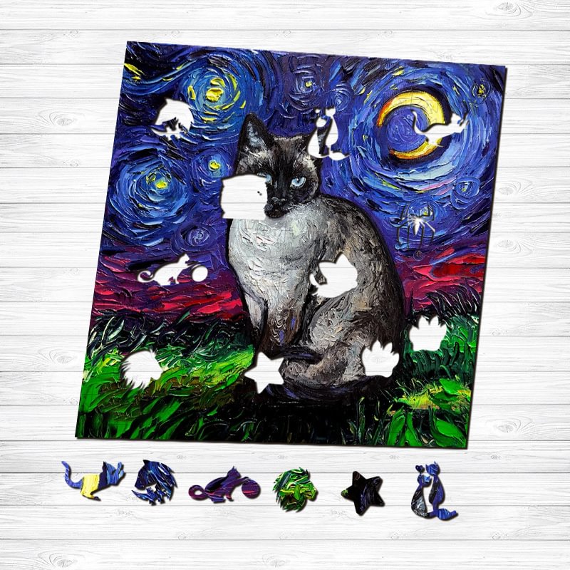 JEFFPUZZLE™-JEFFPUZZLE™ Van Gogh Starry Sky - Siamese Cat Wooden Puzzle
