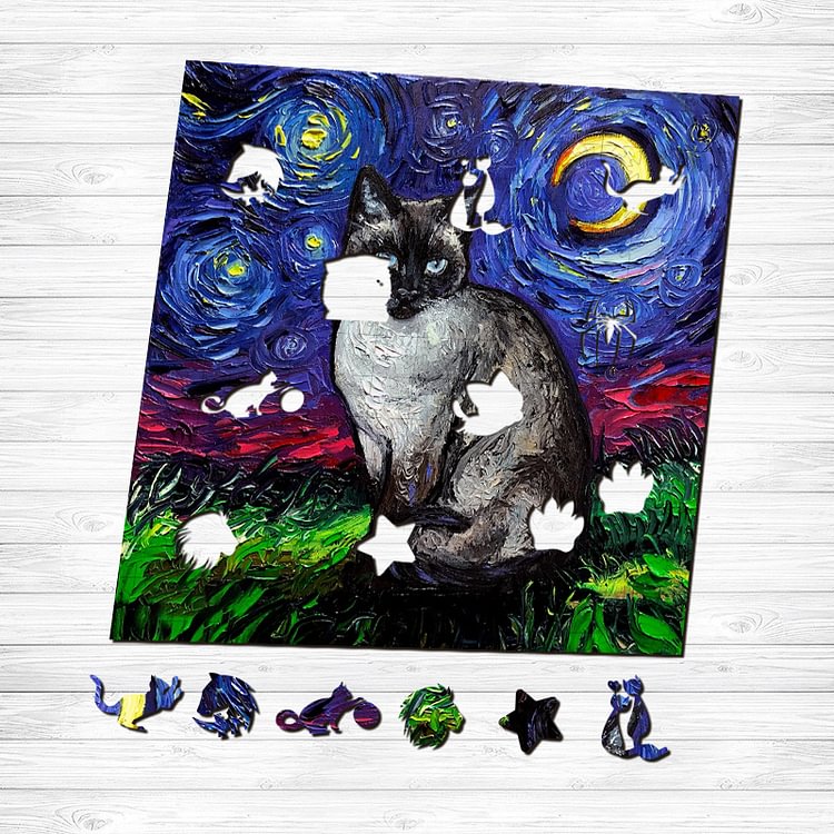 Van Gogh Starry Sky - Siamese Cat Wooden Puzzle