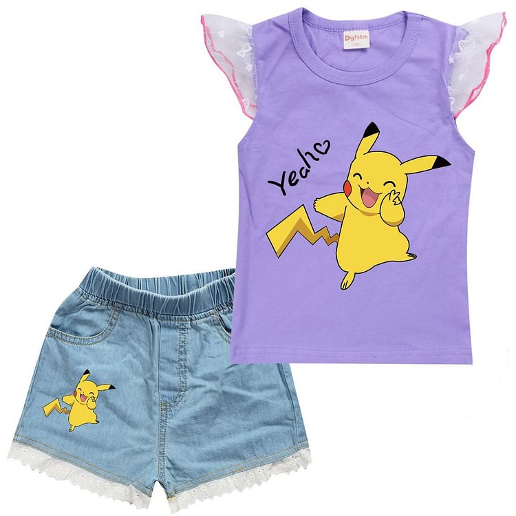 Pikachu Print Ruffle Shoulder Tank Top Denim Shorts Summer Outfit Set-Mayoulove