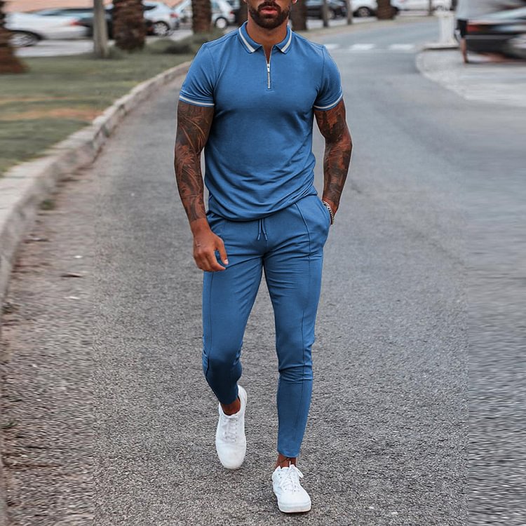 BrosWear Blue Polo Shirt And Pants Two Piece Set
