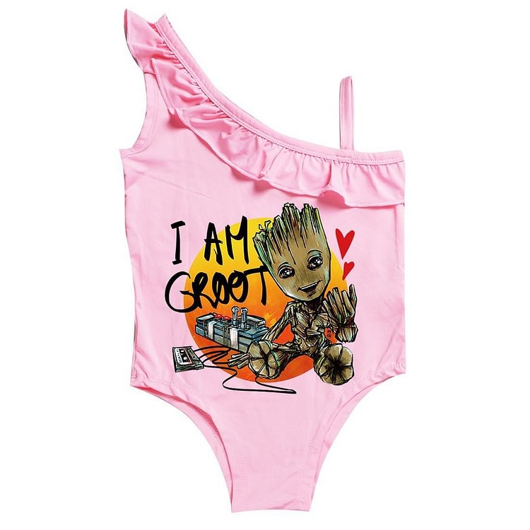 Mayoulove Baby Groot Print Little Girls One Piece Ruffle Shoulder Swimsuit-Mayoulove