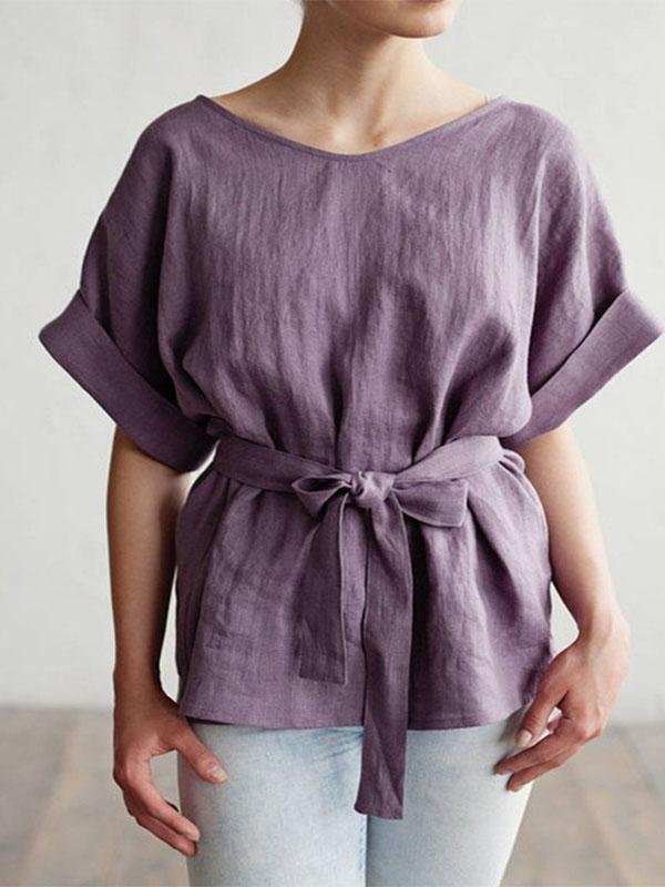 Women's Cotton Linen Loose V-Neck Bat Sleeve Waist T-Shirt-Mayoulove