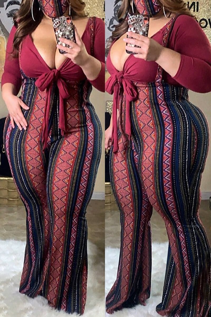 Plus Size Print Long Sleeve V-neck Two Pieces Set - vzzhome