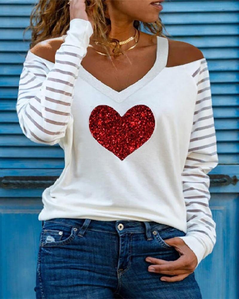 Striped Heart Print Cold Shoulder Mesh Long Sleeve Top P15571