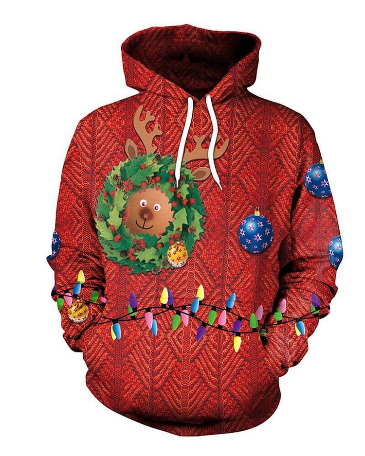 Mayoulove Ugly Reindeer Rudolf In Christmas Wreath And Lights Red Prints Hoodie-Mayoulove
