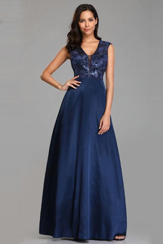Eleagnt Navy Blue Evening Party Gowns Long Sleeveless Sequins Prom Dress