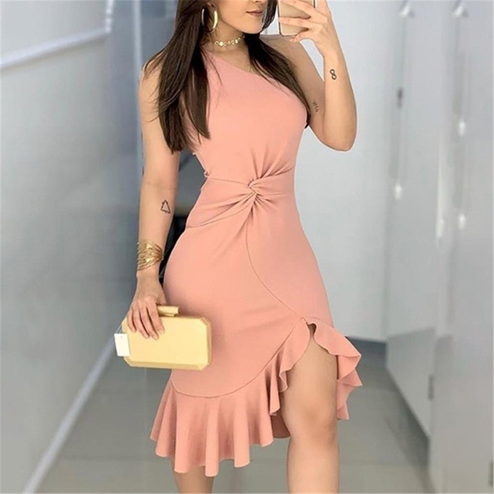 One Shoulder Twisted Slit Ruffles Party Dress-Corachic