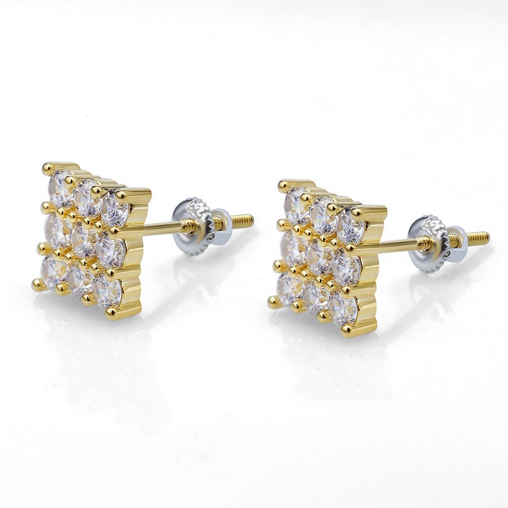 Iced Out 3-Row Square CZ Stud Earrings Jewelry-VESSFUL
