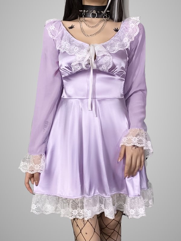 Sweet Lolita Shirred Piping Ruffled Long Sleeve Peter Pan Collar Dress