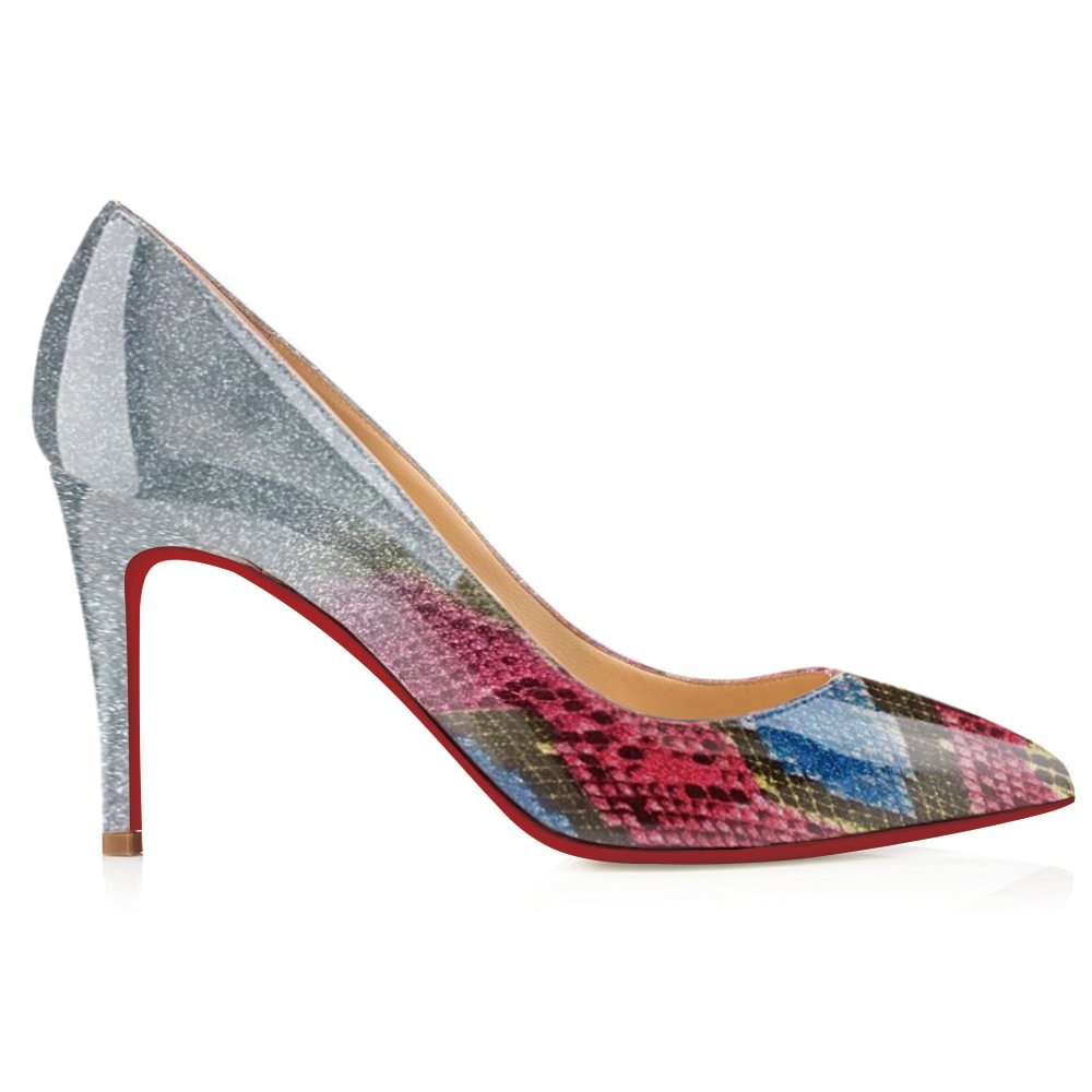 90mm Middle Heels Pointy Toe Pumps Multicoloured Gradient Color Patent-vocosishoes