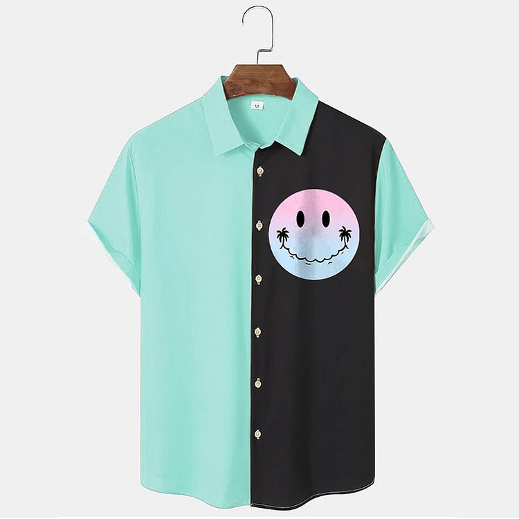 BrosWear Personalized Smiley Pattern Colorblock Short Sleeve Shirt