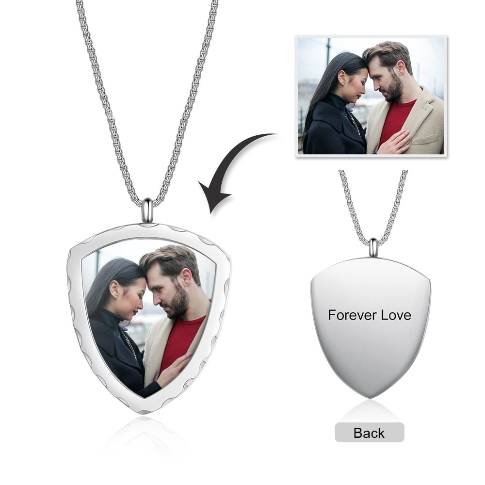 Shield Picture Engraved Tag Necklace With Engraving Silver-Color Picture, Custom Necklace with Picture and Text