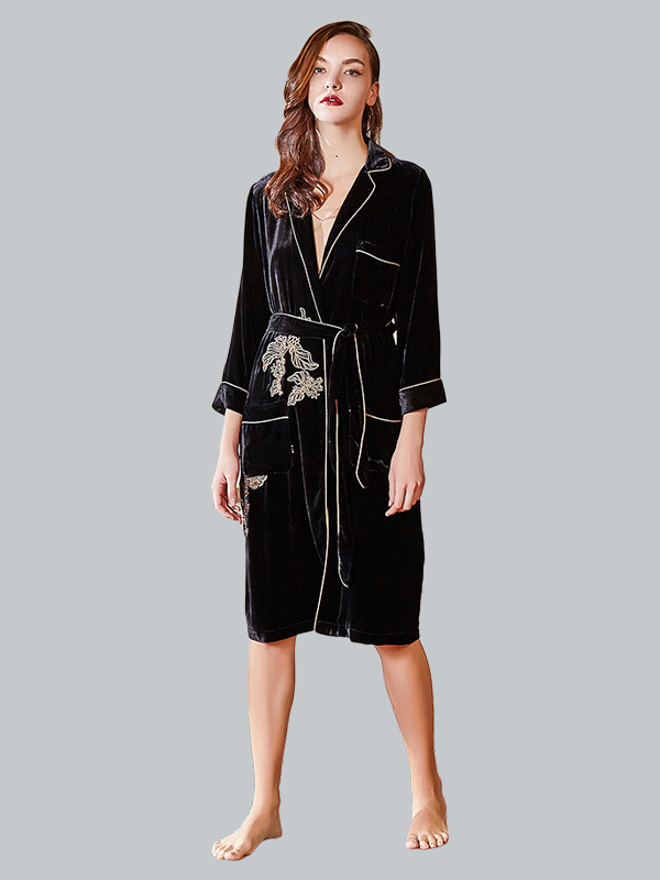 Luxurious Mid Length Silk Velvet Robe With Pocket For Women-Real Silk Life