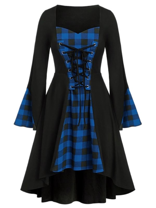 Checkered Paneled Long Bell Sleeve Lace Up Square Collar Asymmetrical Dress